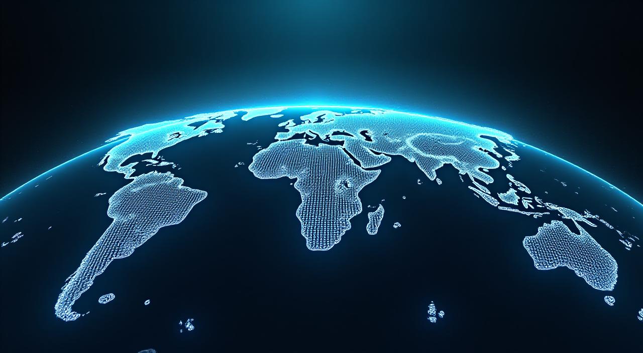 Futuristic 3D map showing global supply chain connections with data streams