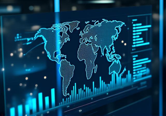 Global trade visualization dashboard showing shipping routes and real-time economic data charts
